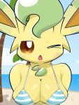  anthro blush breasts clothed clothing eeveelution female hi_res leafeon nintendo one_eye_closed open_mouth pok&eacute;mon pok&eacute;mon_(species) sateco solo swimwear video_games yellow_body 