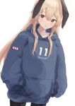  1girl :o alternate_costume aruka bangs blonde_hair blue_hoodie brown_eyes clothes_writing hair_between_eyes hairband hands_in_pockets highres hood hood_down hoodie kantai_collection long_hair looking_at_viewer shimakaze_(kancolle) sidelocks simple_background solo very_long_hair 