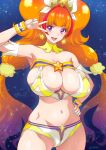  1girl amanogawa_kirara artist_name blue_nails breasts cleavage cure_twinkle go!_princess_precure hand_on_hip highres joy_ride large_breasts long_hair navel open_mouth orange_hair precure purple_eyes signature solo twintails v very_long_hair 