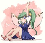  1girl ahoge arm_up arms_up ass barefoot blue_eyes daiyousei fairy_wings green_hair knees_up one_eye_closed rokugou_daisuke simple_background sitting solo stretching touhou white_background wings 