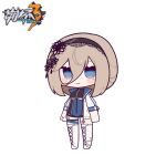  1girl aponia_(honkai_impact) bangs black_hairband black_shirt black_shorts blush_stickers boots breasts brown_hair chibi closed_mouth copyright_name cross-laced_footwear eta eyebrows_hidden_by_hair full_body hair_between_eyes hairband honkai_(series) honkai_impact_3rd jacket lace-up_boots long_hair long_sleeves looking_at_viewer medium_breasts mole mole_under_eye open_clothes open_jacket puffy_long_sleeves puffy_sleeves shirt shorts simple_background smile solo standing thigh_boots underboob white_background white_footwear white_jacket 