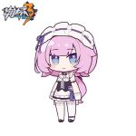  1girl apron bangs black_footwear black_shirt black_skirt blush_stickers breasts chibi cleavage closed_mouth copyright_name elysia_(honkai_impact) eta frilled_apron frilled_skirt frills full_body gloves honkai_(series) honkai_impact_3rd looking_at_viewer low_ponytail pink_hair ponytail puffy_short_sleeves puffy_sleeves ribbon_trim shirt shoes short_sleeves simple_background skirt small_breasts smile solo standing thighhighs waist_apron white_apron white_background white_gloves 