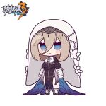  1girl aponia_(honkai_impact) bangs black_dress blue_wings blush_stickers brown_hair chibi closed_mouth copyright_name dress eta eyebrows_hidden_by_hair full_body hair_between_eyes honkai_(series) honkai_impact_3rd insect_wings long_hair long_sleeves looking_at_viewer mole mole_under_eye puffy_long_sleeves puffy_sleeves simple_background sleeves_past_wrists smile solo standing veil white_background wings 