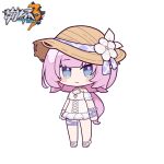  1girl bangs bare_shoulders blush_stickers breasts brown_headwear chibi cleavage closed_mouth copyright_name criss-cross_halter dress elysia_(honkai_impact) eta flower full_body halterneck hat hat_flower honkai_(series) honkai_impact_3rd looking_at_viewer low_ponytail pink_hair ponytail puffy_short_sleeves puffy_sleeves sandals short_sleeves simple_background small_breasts smile solo standing white_background white_dress white_flower white_footwear 