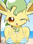  anthro blush bodily_fluids breasts clothed clothing cum cum_on_breasts eeveelution female genital_fluids hi_res leafeon nintendo one_eye_closed open_mouth pok&eacute;mon pok&eacute;mon_(species) sateco solo swimwear video_games yellow_body 
