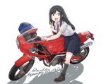  1girl bangs black_hair blush boots brown_eyes gilera_saturno_350 ground_vehicle happy_birthday helmet highres kneehighs long_hair looking_at_viewer maruyo motor_vehicle motorcycle motorcycle_helmet necktie on_motorcycle open_mouth pleated_skirt reiko_(super_cub) school_uniform shirt simple_background skirt socks solo striped_necktie super_cub swept_bangs v white_background white_shirt 