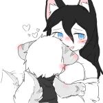  &lt;3 anthro big_breasts bluch blue_eyes blush blush_lines blush_stickers bodily_fluids breasts chano chano_(character) clothing domestic_cat duo face_on_breast felid feline felis female furred_shark hand_on_breast male male/female mammal on_lap sitting sitting_on_lap size_difference smile sweat tail_motion tailwag 