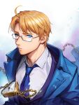  1boy ahoge alternate_costume alternate_universe america_(hetalia) axis_powers_hetalia blonde_hair blue_eyes blue_suit blurry blurry_background chain formal frown glasses heart-shaped_clock light_particles littleb623 long_sleeves looking_at_viewer looking_back pocket_watch suit watch 