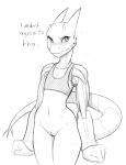  anthro blush bodily_fluids bottomless clothed clothing dialogue female flat_chested genitals hi_res horn kobold lizard nude pussy reptile robotic_arm ruste_(w4g4) scalie shirt simple_background sketch solo sweat tank_top text topwear w4g4 white_background 