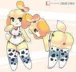  3_fingers 3_toes accessory animal_crossing animal_print anthro bell bell_collar bent_over big_breasts bikini breasts butt canid canine canis clothed clothing collar cow_print cow_print_bikini cow_print_thighhighs cowbell digital_media_(artwork) domestic_dog eyelashes feet female fingers fur hair hair_accessory hair_bell hi_res isabelle_(animal_crossing) legwear looking_at_viewer looking_back mammal midriff navel nintendo onigiri_punch open_mouth pattern_clothing pattern_swimwear pok&eacute;mon pok&eacute;mon_(species) rear_view shih_tzu simple_background skimpy smile solo standing swimwear thick_thighs thigh_highs toes toy_dog video_games yellow_body 