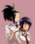  2girls asymmetrical_bangs audio_jack bangs black_eyes black_hair blush boku_no_hero_academia closed_eyes collar collared_shirt cowboy_shot hair_pulled_back highres jewelry jirou_kyouka long_earlobes long_hair multiple_girls necklace necktie pink_background ponytail red_necktie shirt short_hair sleeves_rolled_up smile sweat vvvmung white_shirt yaoyorozu_momo yuri 