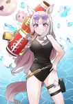  1girl :d absurdres animal_ears bangs black_swimsuit breasts cleavage coco_(coco_rr) earrings eyewear_on_head gold_ship_(run_revolt_launcher)_(umamusume) gold_ship_(umamusume) grin hand_on_hip highres holding horse_ears horse_girl horse_tail jewelry looking_at_viewer one-piece_swimsuit purple_eyes purple_hair smile solo sunglasses swimsuit tail umamusume water waves white_background 