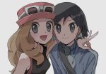  1boy 1girl :d arm_around_shoulder black_hair blue_jacket brown_hair calem_(pokemon) closed_mouth commentary_request eyewear_on_headwear grey_eyes hat highres jacket long_hair looking_at_viewer mega_ring open_mouth pink_headwear pokemon pokemon_(game) pokemon_xy serena_(pokemon) shirt short_hair sleeveless sleeveless_shirt smile sunglasses sweatdrop tongue tyou08665851 upper_body v white-framed_eyewear 