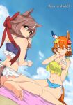  2girls :t animal_ears bangs bare_shoulders barefoot beach_towel bikini blue_bikini blush bow breasts brown_hair camisole cleavage cloud clover_hair_ornament commentary cup daruma_doll dutch_angle frilled_bikini frills hair_bow hair_ornament hand_on_own_cheek hand_on_own_face highres holding holding_cup holding_spoon horse_ears horse_girl horse_tail long_hair looking_at_viewer looking_back matikane_tannhauser_(umamusume) matikanefukukitaru_(umamusume) multicolored_hair multiple_girls navel nerukichikatafukuma outdoors purple_bikini shirt short_hair sitting spoon streaked_hair swimsuit tail towel twitter_username umamusume wariza wristband yellow_eyes yellow_shirt 