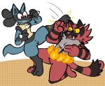  ambiguous_gender anthro blue_body blue_fur canid canine counterattack felid female fight fur genitals hi_res imminent_fingering imminent_sex incineroar kick lucario mammal nintendo pok&eacute;mon pok&eacute;mon_(species) pussy red_body red_fur scared teeth trout_(artist) video_games 