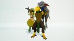  16:9 3d_(artwork) 4k absurd_res ambiguous_gender anthro baze carrying_partner claws clothed clothing digital_media_(artwork) female group hi_res horn humanoid kobold kobold_dellarte kret low_poly open_mouth reptile scalie sek simple_background trio widescreen 