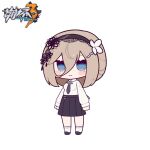  1girl aponia_(honkai_impact) bangs black_footwear black_necktie black_skirt blush_stickers breasts brown_hair chibi closed_mouth collared_shirt copyright_name dress_shirt eta eyebrows_hidden_by_hair full_body hair_between_eyes honkai_(series) honkai_impact_3rd long_hair long_sleeves looking_at_viewer mole mole_under_eye necktie pleated_skirt puffy_long_sleeves puffy_sleeves shirt shoes simple_background skirt sleeves_past_wrists small_breasts smile socks solo standing white_background white_shirt 