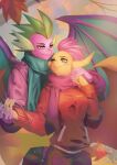  anthro autumn bakki clothing dragon embrace female friendship_is_magic green_eyes hi_res horn male membrane_(anatomy) membranous_wings my_little_pony smolder_(mlp) spike_(mlp) wings 