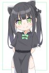  1girl animal_ear_fluff animal_ears arms_behind_back bangs black_bow black_dress blue_archive blush_stickers bow closed_mouth commentary_request dress green_bow green_eyes hair_bow highres kapuru_0410 long_hair pelvic_curtain short_sleeves shun_(blue_archive) shun_(small)_(blue_archive) smile solo thighhighs twintails very_long_hair white_background 