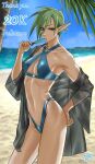  1girl beach bikini blue_bikini blue_sky breasts collarbone commentary_request day drill_(emilio) elf english_text green_hair grey_jacket hand_on_hip highres jacket looking_at_viewer milestone_celebration navel off_shoulder original outdoors palm_tree pointy_ears popsicle_in_mouth sand short_hair single_bare_shoulder sky small_breasts solo stomach swimsuit thank_you tree wide_sleeves yellow_eyes 