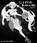  1girl absurdres basketball cowboy_bebop dribbling_(basketball) english_text greyscale hair_ornament highres hololive hololive_english long_hair monochrome planet shoes sneakers solo space tsukumo_sana twintails virtual_youtuber xyanaid 