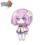  1girl bangs bare_shoulders blush_stickers breasts chibi cleavage closed_mouth copyright_name dress elysia_(honkai_impact) eta full_body honkai_(series) honkai_impact_3rd long_sleeves looking_at_viewer low_ponytail pink_hair ponytail simple_background sleeves_past_wrists small_breasts smile solo standing thighhighs white_background white_dress 