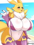  2022 3_fingers absurd_res anthro armwear bandai_namco beach big_breasts bikini biped black_sclera blue_eyes blush breasts bridal_gauntlets cleavage clothed clothing clothing_pull colored countershade_torso countershading curvy_figure dated digimon digimon_(species) eyebrows eyelashes female fingers fur hi_res huge_breasts legwear looking_at_viewer markings neck_tuft open_mouth open_smile outside portrait renamon saasmimz seaside shaded skimpy smile solo standing swimwear thick_thighs three-quarter_portrait three-quarter_view tuft voluptuous white_body white_fur wide_hips yellow_body yellow_fur 