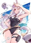  1girl animal_ears bangs black_swimsuit blunt_bangs breasts casual_one-piece_swimsuit eyewear_on_head gold_ship_(run_revolt_launcher)_(umamusume) gold_ship_(umamusume) grey_hair highres horse_ears horse_girl horse_tail large_breasts long_hair looking_at_viewer misoni_(mi_so_ni_t) official_alternate_costume one-piece_swimsuit open_mouth purple_eyes solo sunglasses super_smashing_summer_vacation_(umamusume) swimsuit tail thigh_pouch umamusume 