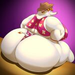  absurd_res animal_crossing anthro big_breasts big_butt bikini blush breasts butt butt_cleavage clothing female fennekoshee hands_on_hips hat headgear headwear hi_res huge_breasts huge_butt huge_thighs looking_at_viewer looking_back margie_(animal_crossing) nintendo obese overweight portrait simple_background sitting solo swimwear thick_thighs three-quarter_portrait video_games white_body wide_hips 