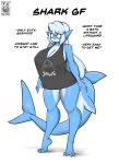  2022 4_toes 5_fingers absurd_res anthro big_breasts breasts clothing english_text feet female fingers fish halotroll hi_res marine shark simple_background solo text text_on_clothing text_on_topwear toes topwear white_background 