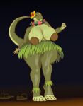  3d_(artwork) 5_fingers 5_toes absurd_res anthro areola areola_slip big_breasts breasts claws clothing coconut_bra digital_media_(artwork) feet female fingers flip_flops footwear green_body hi_res hula i2lsx margret_stalizburg mature_female reptile sandals scalie snake solo solo_focus thick_thighs toe_claws toes 
