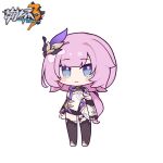 1girl bangs black_shorts black_sleeves blush_stickers breasts chibi cleavage closed_mouth copyright_name elysia_(honkai_impact) eta full_body honkai_(series) honkai_impact_3rd long_sleeves looking_at_viewer low_ponytail pink_hair ponytail shirt short_shorts shorts simple_background sleeves_past_wrists small_breasts smile solo standing thighhighs white_background white_shirt 