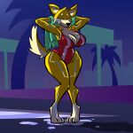  anthro aygee breasts canid canine cleavage clothed clothing female kammy_(aygee) mammal palm_tree plant solo swimming_pool swimwear tree wet 