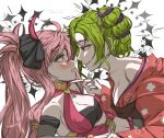  2girls alternate_costume bangs bare_shoulders blush breasts cleavage cosplay dorothea_arnault dorothea_arnault_(cosplay) fire_emblem fire_emblem:_the_sacred_stones fire_emblem:_three_houses fire_emblem_heroes green_eyes green_hair hair_between_eyes highres japanese_clothes kimono l&#039;arachel_(fire_emblem) long_hair long_sleeves mariirasuto7 marisa_(fire_emblem) multiple_girls official_alternate_costume pink_eyes pink_hair ponytail red_kimono upper_body wide_sleeves yuri 