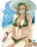  1girl bare_arms bare_shoulders bikini blonde_hair bracelet breasts collarbone commentary_request dinelind_(drill_(emilio)) drill_(emilio) elf english_text front-tie_bikini front-tie_top green_bikini green_eyes hair_bun hair_up hat highres jewelry large_breasts looking_at_viewer milestone_celebration navel original pointy_ears smile solo stomach sun_hat swimsuit thank_you thighs white_headwear 