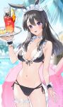  1girl :d bangs bare_shoulders bikini black_bikini black_hair blue_sky blurry blurry_background blush breasts commentary_request cup day depth_of_field drink drinking_glass drinking_straw groin hair_between_eyes hand_up holding holding_tray hu_kotora long_hair maid_headdress medium_breasts navel original outdoors palm_tree purple_eyes ribbon-trimmed_bikini side-tie_bikini sky smile solo swimsuit tray tree wrist_cuffs 