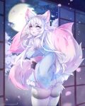  anthro asian_clothing blue_eyes blush breasts butt canid canine cherry_blossom clothing detailed_background dress east_asian_clothing fluffy fluffy_ears fluffy_tail fox fur hair hands_on_waist hi_res japanese_clothing long_hair looking_at_viewer mammal moon multi_tail multicolored_body multicolored_fur open_mouth pink_body pink_fur plant ribbons tekahika two_tone_body two_tone_fur white_body white_fur white_hair yukata yuritehcat 
