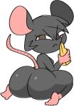  anthro big_butt breasts brown_eyes butt cheese dairy_products female food frown gloves_(marking) grey_body grey_hair hair holding_cheese huge_butt leg_markings looking_at_viewer looking_back mammal markings murid murine rat rodent sitting socks_(marking) solo vilepluff 