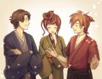  1girl 2boys absurdres brown_hair closed_eyes hair_bun hakama hand_fan highres holding holding_fan itou_shoujirou japanese_clothes kimono long_hair momozaki_kiichi multiple_boys paper_fan short_hair smile yuugiri_(zombie_land_saga) zombie_land_saga 