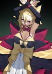  1girl arms_up ball_gag bdsm blonde_hair bow breasts demon_girl detached_sleeves disgaea dress gag handsofmidaz highres large_breasts looking_at_viewer makai_senki_disgaea_2 pointy_ears red_eyes restrained rozalin short_hair solo strapless strapless_dress yellow_bow 