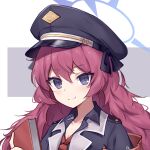  1girl 9malefi9 armband black_headwear blue_archive book closed_mouth commentary halo hat holding holding_book iroha_(blue_archive) long_hair looking_at_viewer necktie peaked_cap purple_eyes red_hair smile solo upper_body 