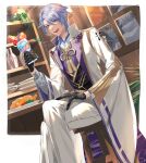  1boy bangs blue_hair bottle commentary_request crossed_legs cup food fruit genshin_impact gloves hair_between_eyes highres hiiro_(coinxtossxdive) holding holding_cup japanese_clothes kamisato_ayato long_sleeves looking_at_viewer male_focus mole mole_under_mouth open_mouth pants plate purple_eyes sitting solo stool tassel tropical_drink wide_sleeves window 