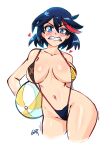  1girl adapted_costume arm_behind_back ball beachball black_hair black_swimsuit blue_eyes blush breasts breasts_apart collarbone contrapposto cropped_legs english_commentary gerph heart highres holding holding_ball kill_la_kill large_breasts living_clothes looking_at_viewer matoi_ryuuko multicolored_hair navel red_hair senketsu short_hair slingshot_swimsuit solo standing strap_gap streaked_hair swimsuit symbol-shaped_pupils teeth thighs wide_hips 