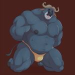  1:1 2017 anthro areola barazoku biped blue_areola blue_body blue_fur blue_nipples bodily_fluids bovid bovine brown_background bulge cape_buffalo cheek_tuft chief_bogo clothed clothing disney facial_tuft front_view fur hands_behind_back hi_res hooved_toes hooves horn kneeling male mammal manlyster moobs muscular muscular_anthro muscular_male navel nipples open_mouth overweight overweight_anthro overweight_male pecs simple_background solo speedo speedo_only sweat swimwear tight_underwear tuft underwear underwear_only zootopia 