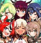  1girl ahoge animal_ears blue_eyes blue_hair braid brown_eyes brown_hair ceres_fauna closed_eyes dark-skinned_female dark_skin ddolbang green_hair grin hair_intakes hakos_baelz hand_on_another&#039;s_shoulder heterochromia highres hololive hololive_english horns irys_(hololive) mole mole_under_eye mouse_ears nanashi_mumei one_eye_closed ouro_kronii ponytail purple_eyes purple_hair red_hair sharp_teeth smile teeth tsukumo_sana virtual_youtuber yellow_eyes 