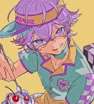  1boy cake eating food hat highres looking_at_viewer male_focus multicolored_clothes open_mouth paradox_live purple_eyes purple_hair shirota69 short_hair short_sleeves sketch solo spoon yatonokami_nayuta yellow_background 