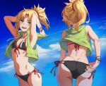  1girl :d adjusting_clothes adjusting_swimsuit armpits arms_behind_head arms_up ass back bare_shoulders bikini black_bikini blonde_hair blue_sky braid breasts commentary_request day fangs fate/apocrypha fate_(series) french_braid from_behind front-tie_bikini front-tie_top green_eyes green_shirt hair_ornament hair_scrunchie halterneck long_hair mordred_(fate) mordred_(fate/apocrypha) multiple_views navel open_mouth photoshop_(medium) ponytail red_scrunchie revision scrunchie shirt side-tie_bikini sidelocks sky small_breasts smile stomach string_bikini swimsuit tank_top tonee 