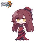  1girl bangs bare_shoulders blush_stickers breasts brown_hair chibi closed_mouth copyright_name dress eden_(honkai_impact) eta full_body gloves hair_between_eyes honkai_(series) honkai_impact_3rd looking_at_viewer medium_breasts pantyhose red_dress red_footwear red_headwear shoes simple_background sleeveless sleeveless_dress smile solo standing striped striped_headwear tilted_headwear vertical-striped_headwear vertical_stripes white_background white_gloves yellow_eyes 