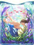  1girl barefoot brown_hair bubble dress english_commentary fish full_body highres hiko_(scape) hugging_own_legs long_hair looking_at_viewer no_shoes open_mouth original parted_lips school_uniform short_sleeves skirt solo underwater water 