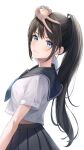  1girl bangs black_hair blue_eyes blush highres kottungyang long_hair looking_at_viewer nail_polish neckerchief original parted_lips pleated_skirt ponytail school_uniform serafuku skirt smile solo uniform white_background 